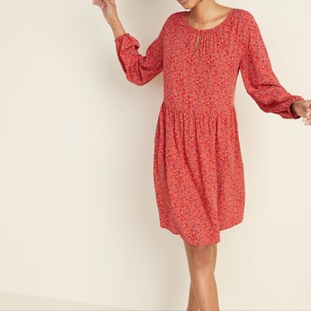 Old Navy Mini Swing Dress XS Floral Red Keyhole Neck Pullover 3/4 Sleeve Flowy